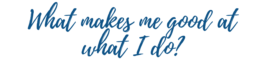 Handwritten-style dark blue text on a white background reads, "What makes me good at what I do?"—a nod to entrepreneurial spirit and the Keep It Simple Coach approach.