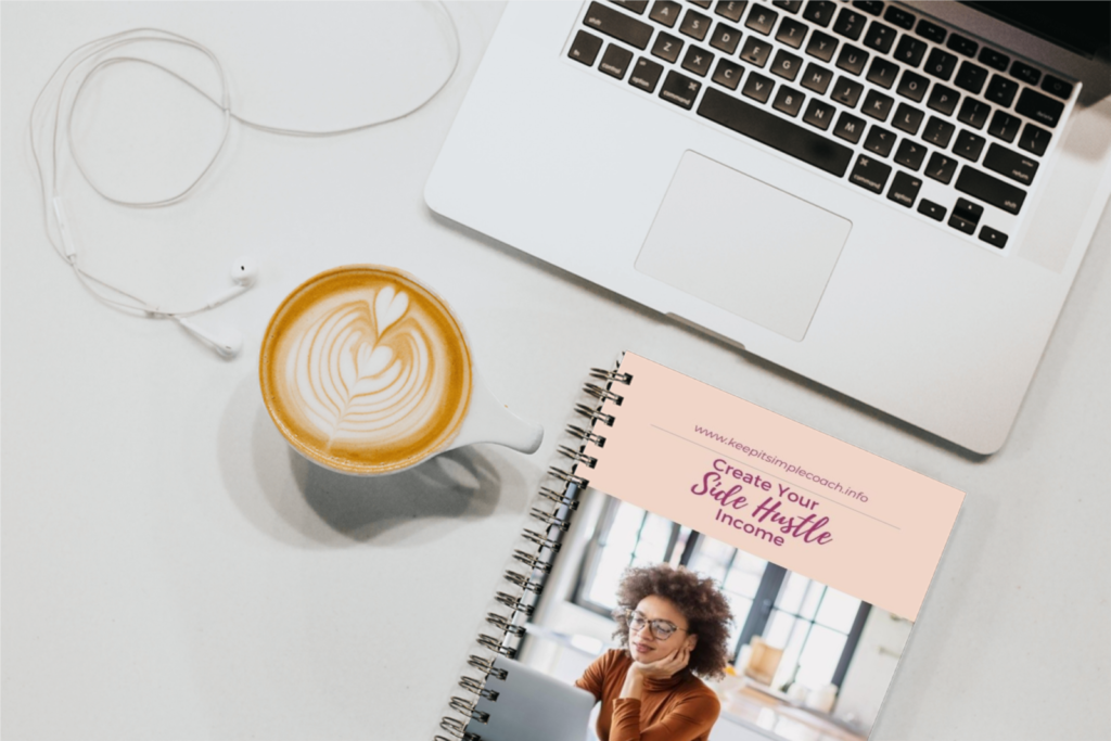 side hustle planner on white desk with latte 1