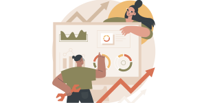 Two people analyze SEO charts and graphs on a large presentation board, discussing content marketing strategies. One points at the board with a pencil, while the other holds the top edge. An upward arrow overlays the scene, indicating growth or progress.