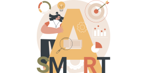 Illustration of a woman standing next to a large letter "A," surrounded by icons like a magnifying glass and pie chart—perfect for content marketing themes. The word "SMART" appears in large letters at the bottom.