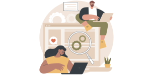 Illustration of a woman typing on a laptop and a man sitting above a large computer screen with gears, holding a laptop. A magnifying glass highlights the gears, emphasizing research. There’s also a small potted plant and a speech bubble.