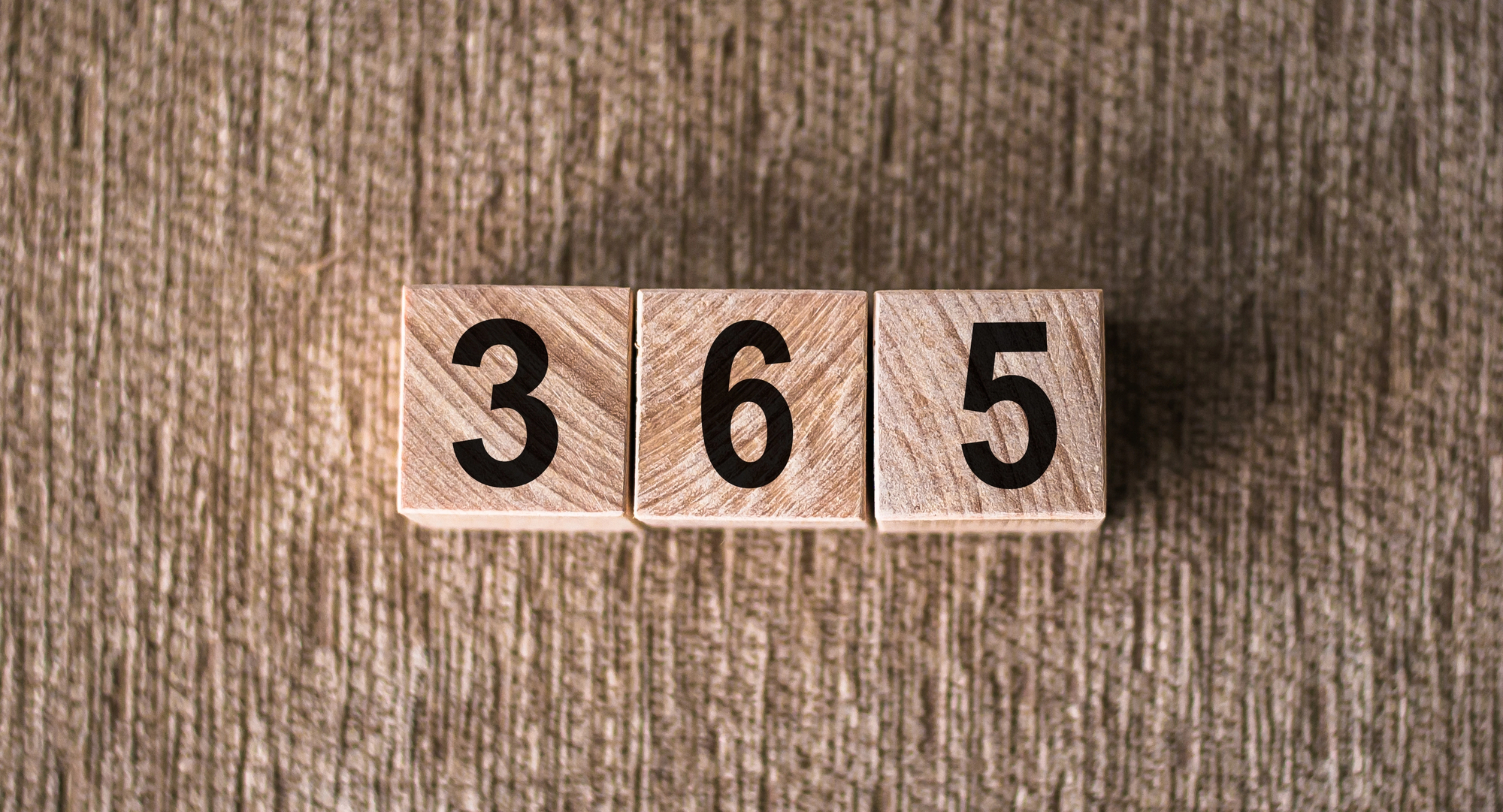 Three wooden blocks are arranged side by side on a textured surface, each displaying a black number to form the sequence "365," symbolizing year round support—perfect for tracking progress with pocket coaching.