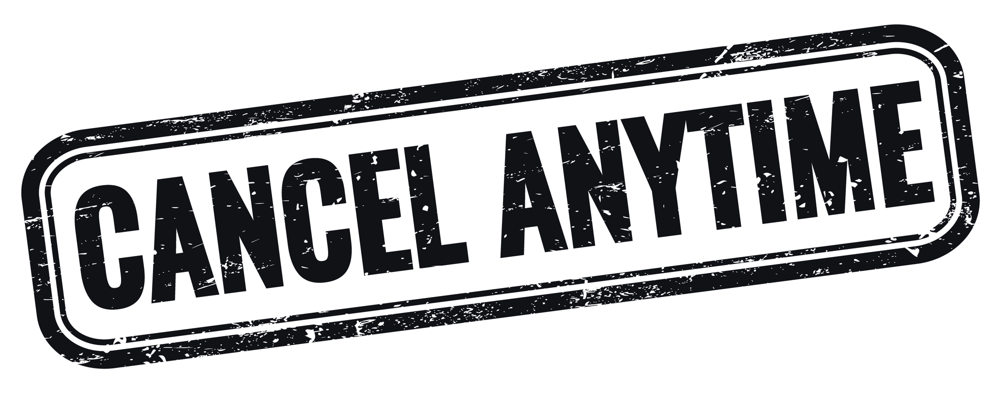 A black and white rectangular stamp graphic with the words "CANCEL ANYTIME" in bold capital letters, slightly distressed to resemble a rubber stamp texture—ideal for promoting flexible pocket coaching services.