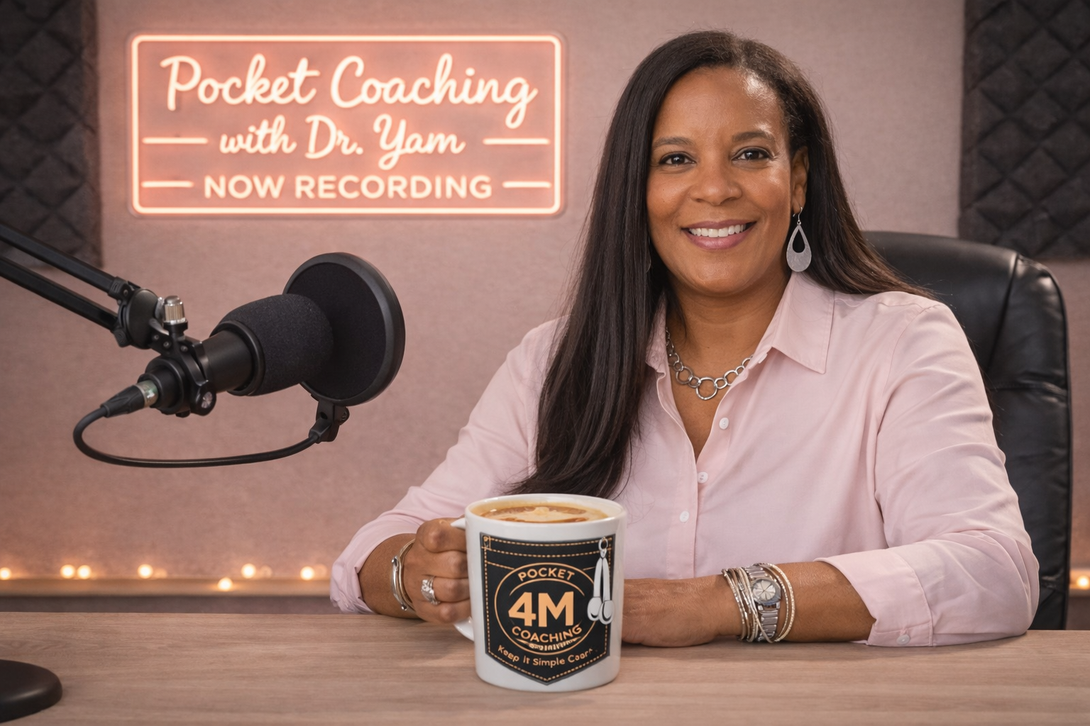 The podcast setting highlights her expertise in content marketing ecosystem A woman sits at a desk with a microphone, smiling, holding a mug labeled “Pocket Coaching 4M.” Behind her, a neon sign reads “Pocket Coaching with Dr. Yam Now Recording.” The podcast setting highlights her expertise in content marketing ecosystem