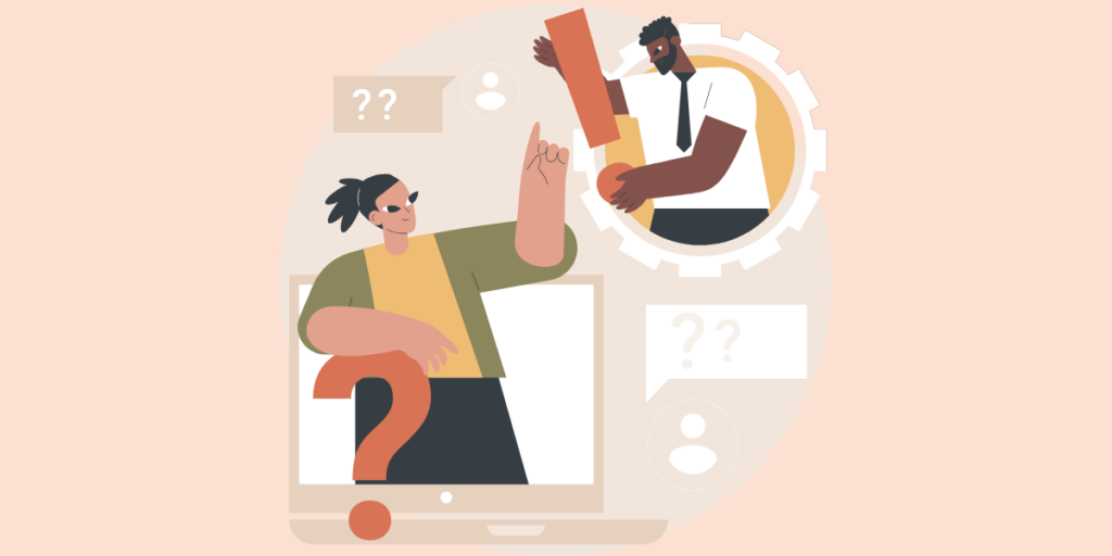 Illustration of a person emerging from a laptop holding a question mark, raising a finger, and another person inside a gear shape holding an exclamation mark—reminding us we deserve answers; question marks appear in the background. for the What Deserves Your Attention First in Business? A Simple Framework for Overwhelmed Entrepreneurs blog