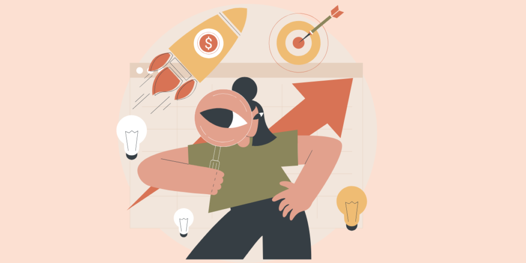 An illustrated person holds a magnifying glass and stands in front of a chart with an upward arrow, showing the growth you deserve. Lightbulbs, a rocket with a dollar sign, and a target with an arrow are in the background.