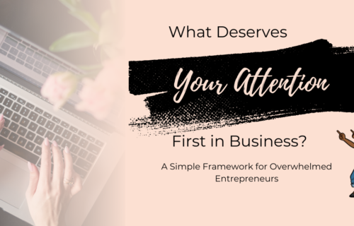 A person types on a laptop. Next to them, text reads: “What Deserves Your Attention First in Business? A Simple Framework for Overwhelmed Entrepreneurs.” An illustrated woman in sunglasses stands to the right, highlighting key business priorities.
