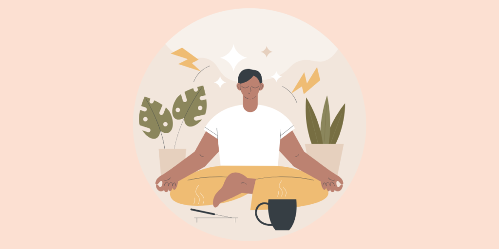 A person sits cross legged meditating with eyes closed, surrounded by plants, a steaming mug, and spark symbols—embracing the calm they deserve. The background is light beige with abstract shapes and sparkles. For the What Deserves Your Attention First in Business? A Simple Framework for Overwhelmed Entrepreneurs blog