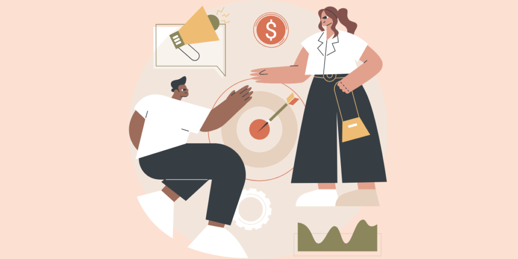 An illustration of two people interacting near a target with an arrow in the center, surrounded by icons—a megaphone, dollar sign, gear, and chart—showing the teamwork and strategy you deserve. One person is seated while the other stands. What Deserves Your Attention First in Business? A Simple Framework for Overwhelmed Entrepreneurs