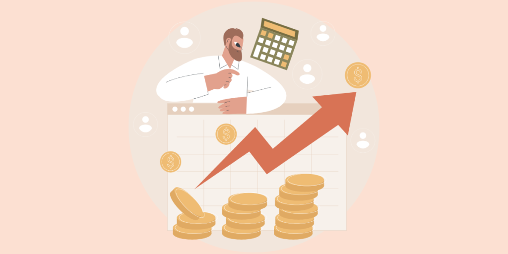 A person in business attire stands behind a graph with a rising red arrow, gold coins, and a calendar, symbolizing the financial growth and increasing profits you deserve.
